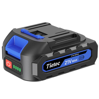 Tietoc blue mini chainsaw battery 21V powering quick, clean cuts for on-site work.