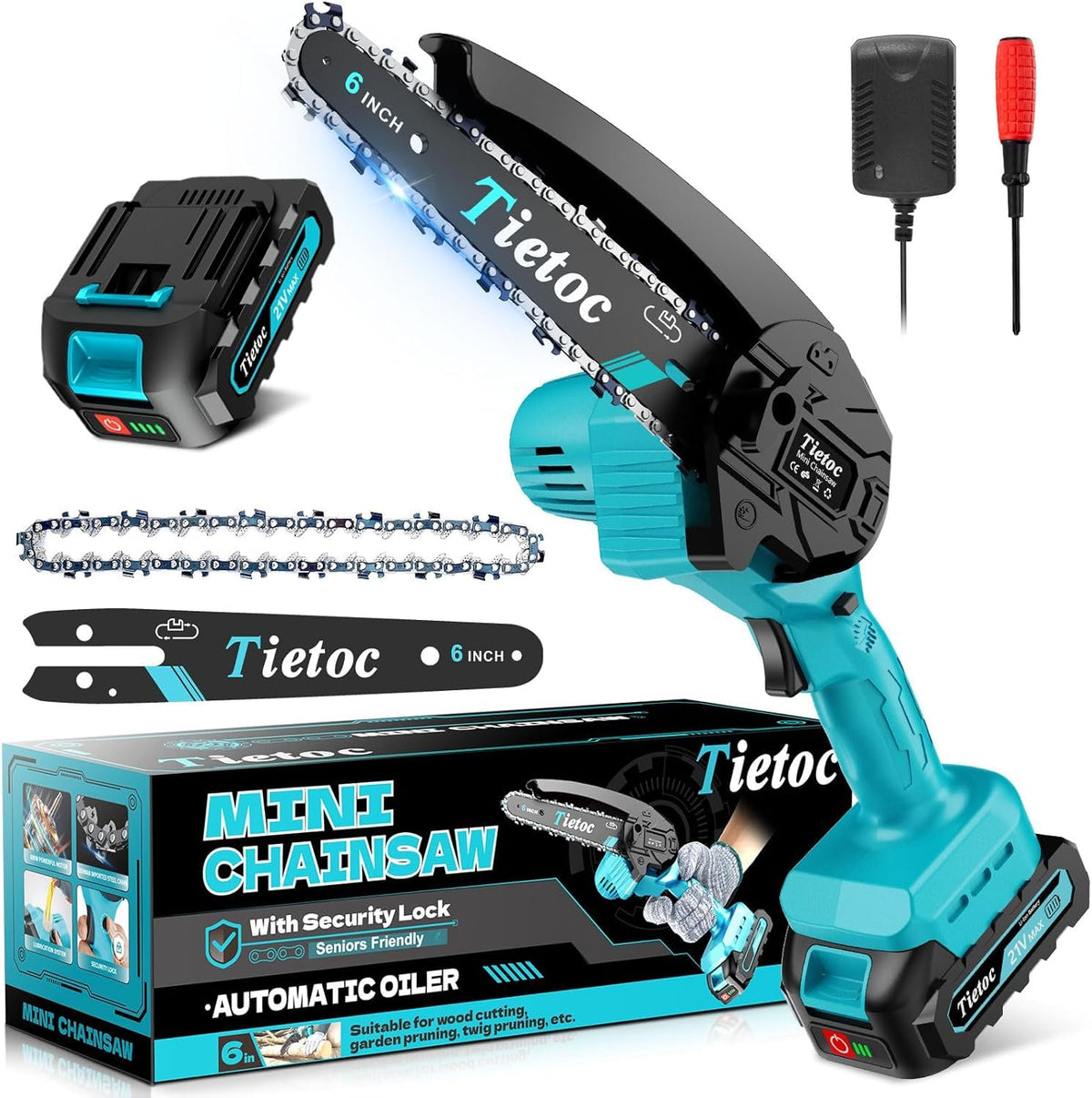 Tietoc mini chainsaw cutting a 6-inch log with ease for pruning