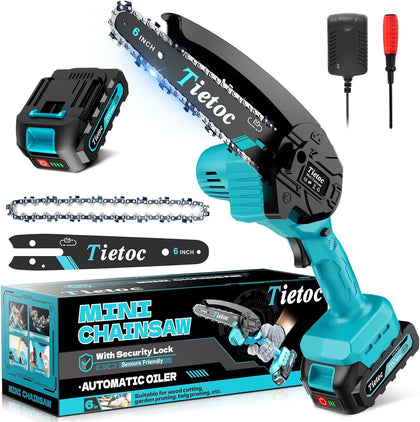 Tietoc mini chainsaw cutting a 6-inch log with ease for pruning