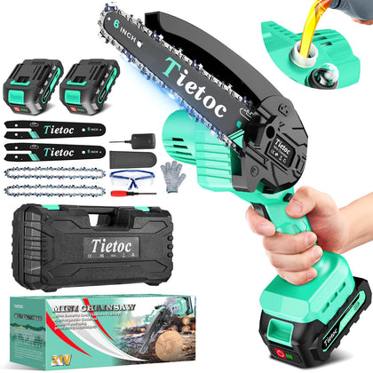 Tietoc mini chainsaw 6-inch with batteries ready for quick yard limbing