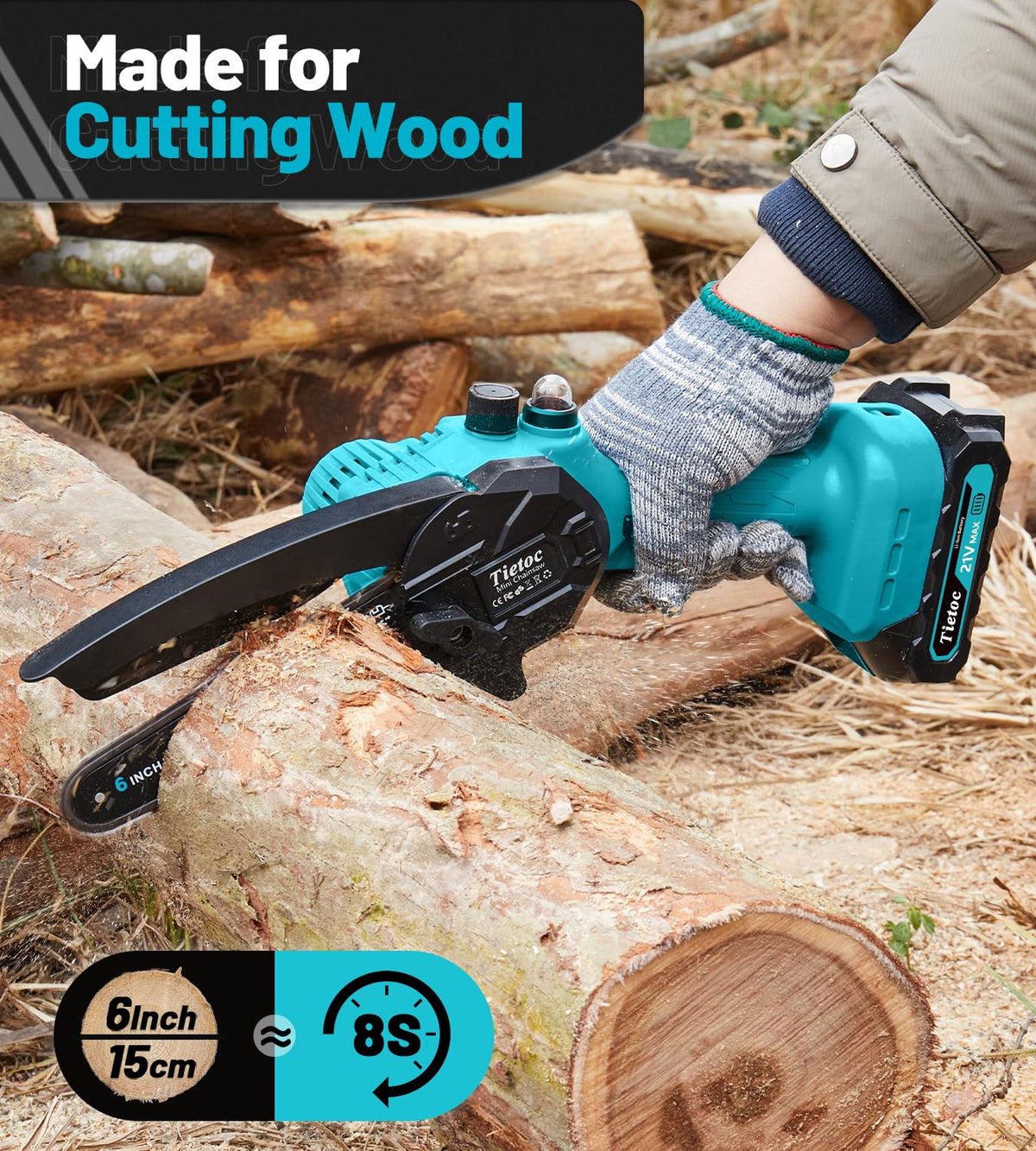Tietoc mini chainsaw showing cordless portability for gardening