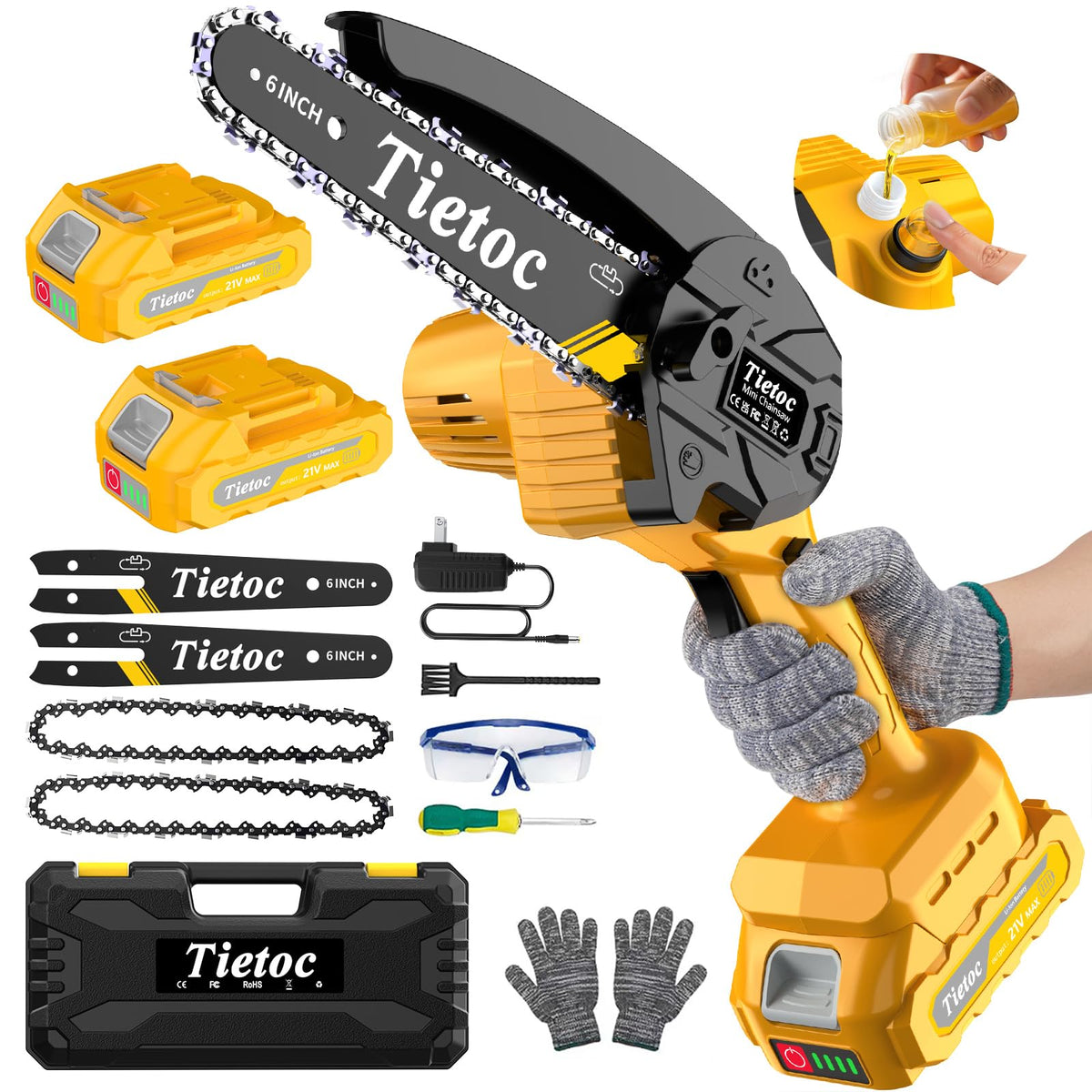 Tietoc mini chainsaw packaging contents ready for quick setup and use