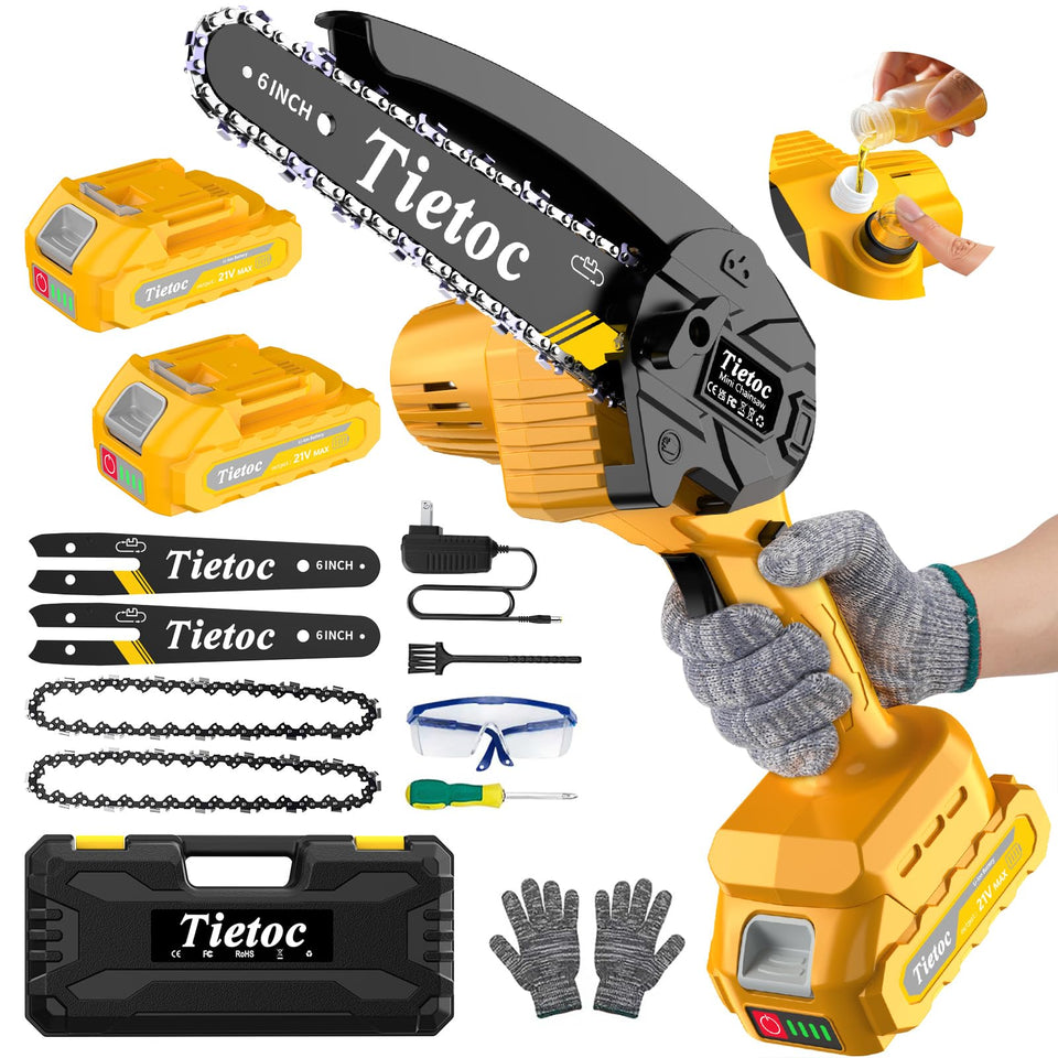 Tietoc mini chainsaw packaging contents ready for quick setup and use