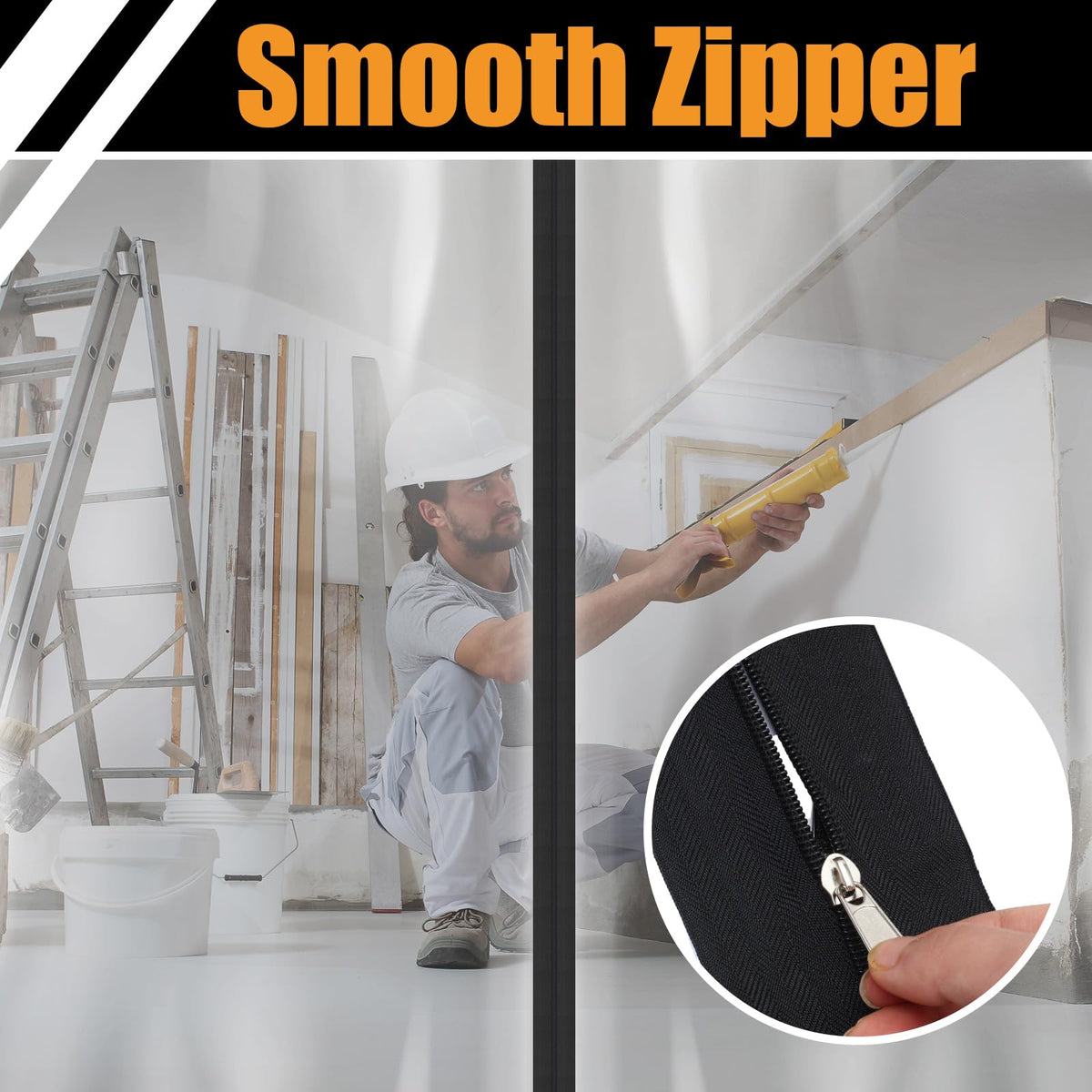 Tigeen black dust barrier zipper tape unrolled on a job site.