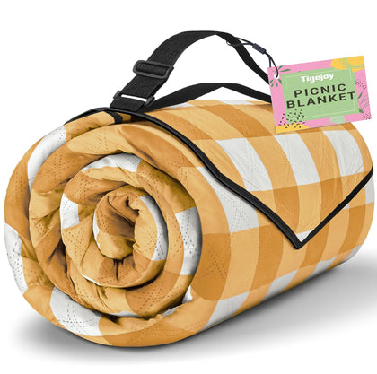 TigeJoy extra large picnic blanket opened on grass shows thick padding for comfort