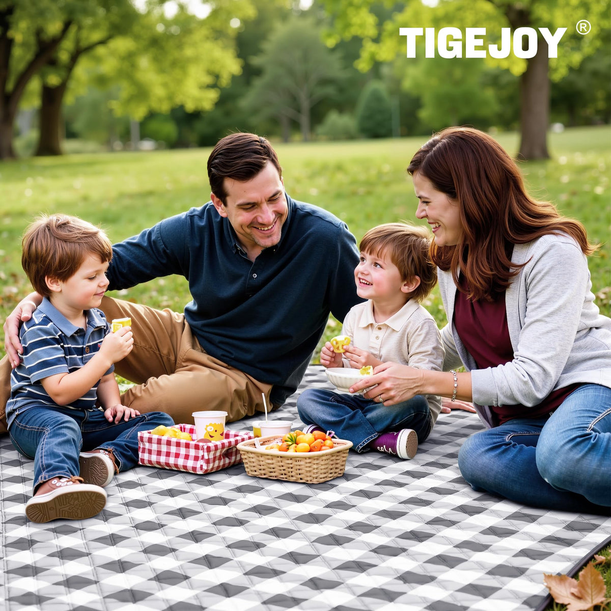 TigeJoy picnic blanket at the beach demonstrates sandproof, easy shake-off cleanup