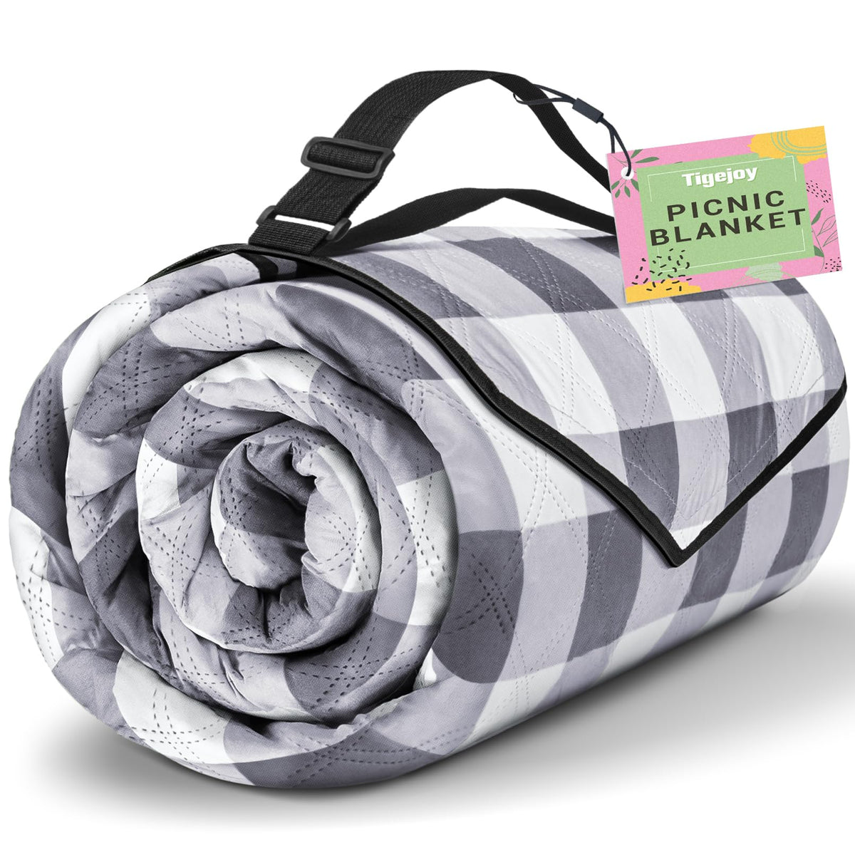 TigeJoy picnic blanket folded with strap for easy carry and storage