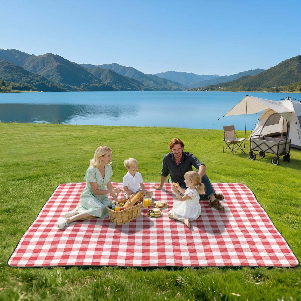 TigeJoy picnic blanket laid out on grass creates a roomy outdoor seating area.