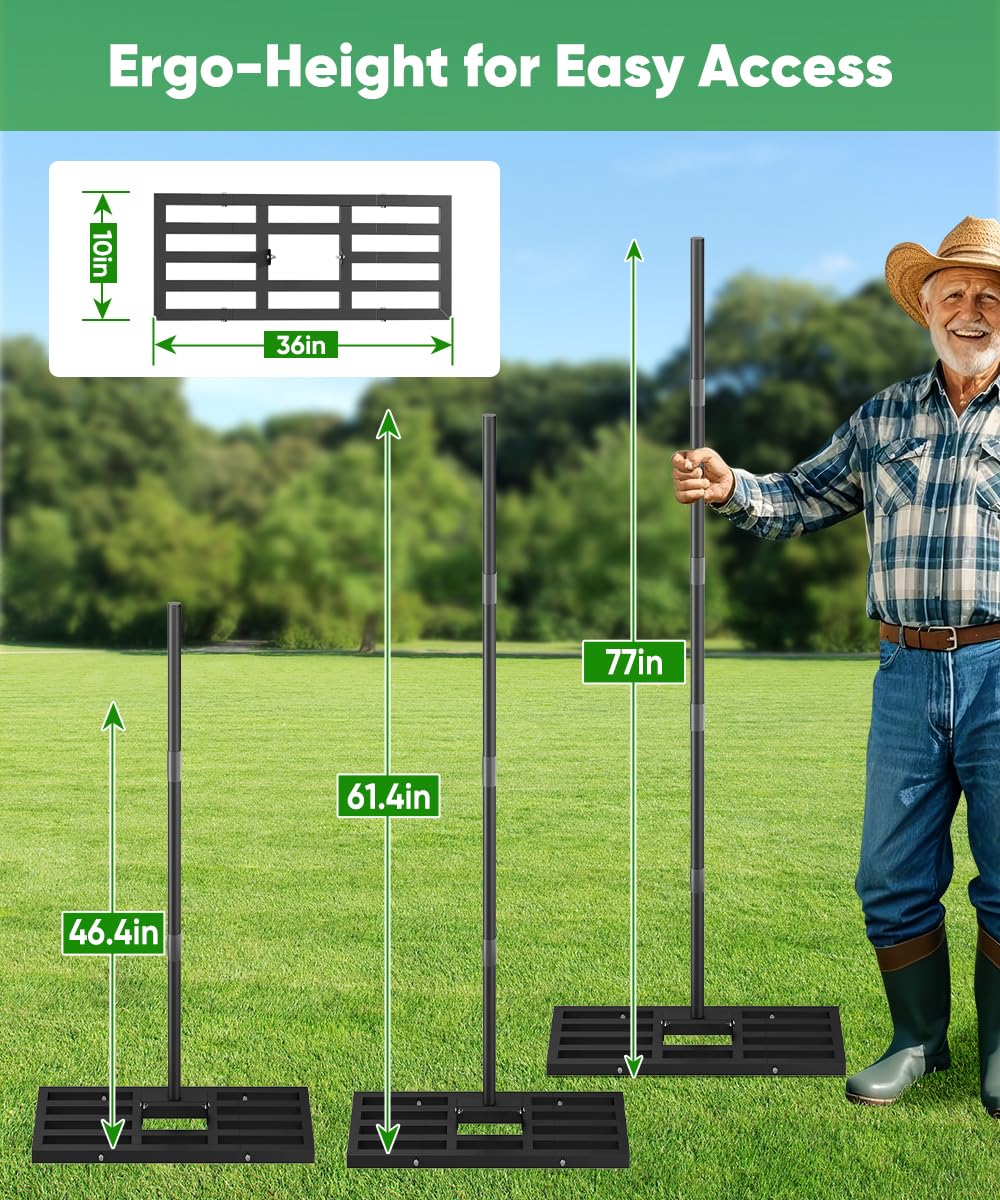 Tigerden lawn leveling rake handle shown with adjustable length for comfortable use.