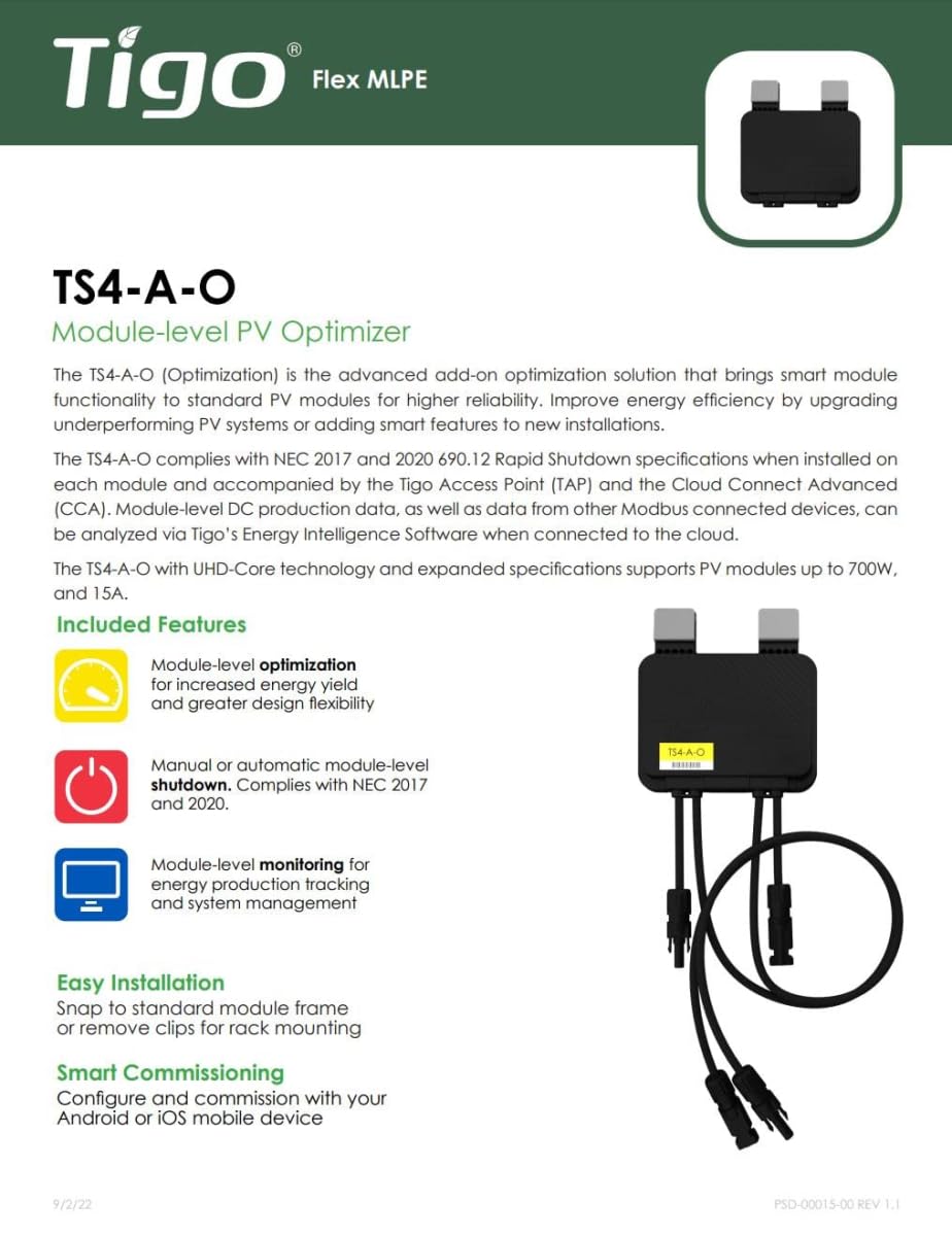 Tigo TS4-A-O 1500V UL/1000TUV rated setup for robust module integration