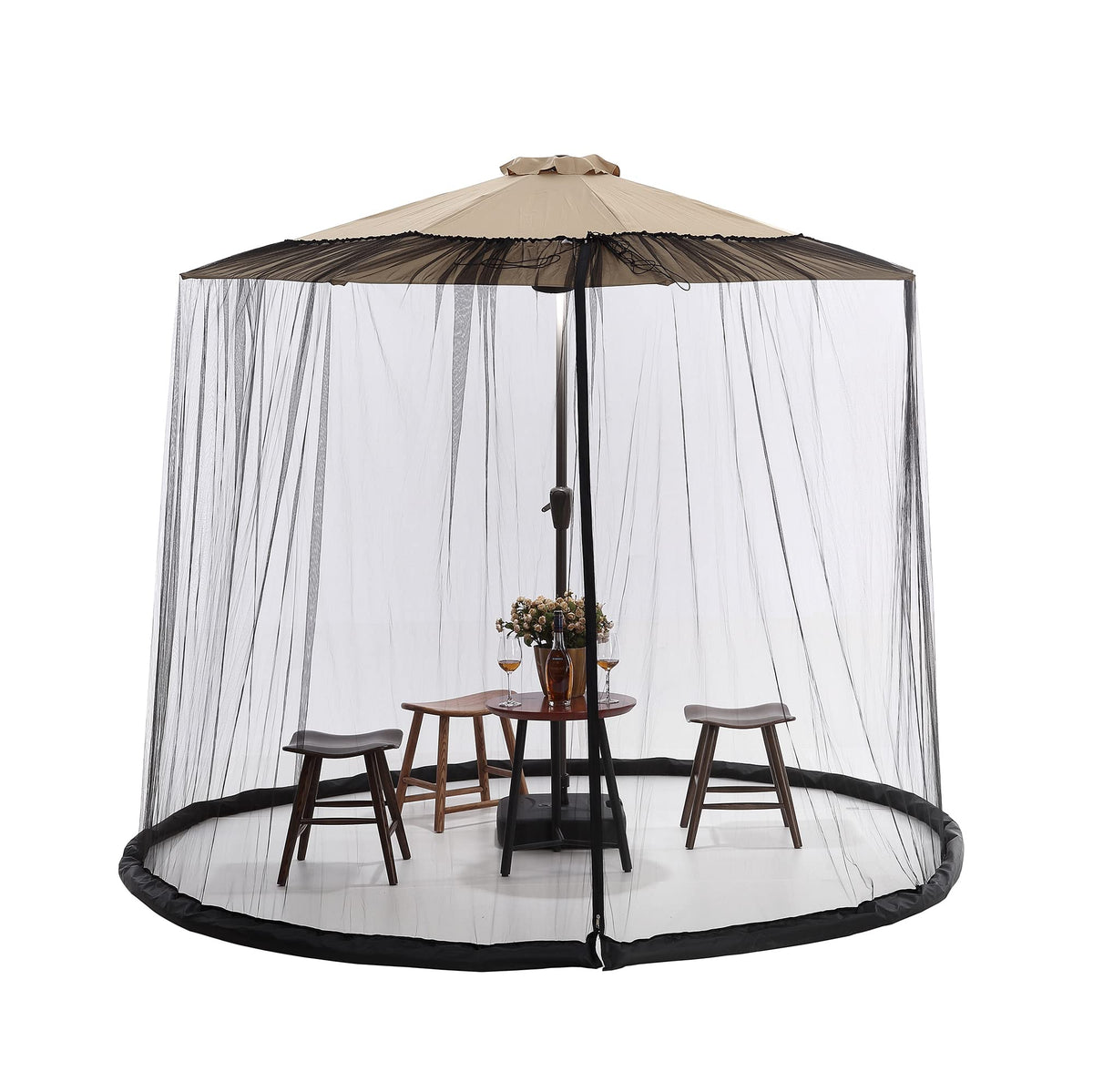 Tiimmgaal 10FT mosquito net draped over a patio umbrella showing insect barrier.
