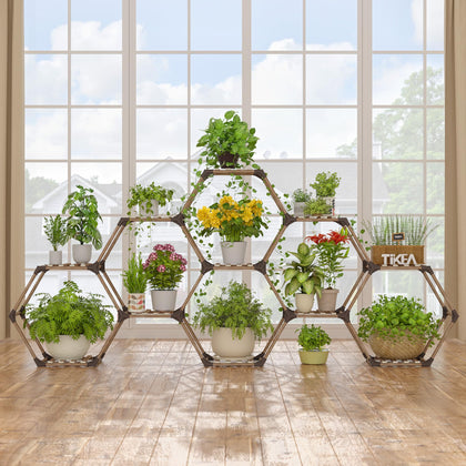 Tikea hexagonal plant stand 11-tier in living room displaying organized greenery.