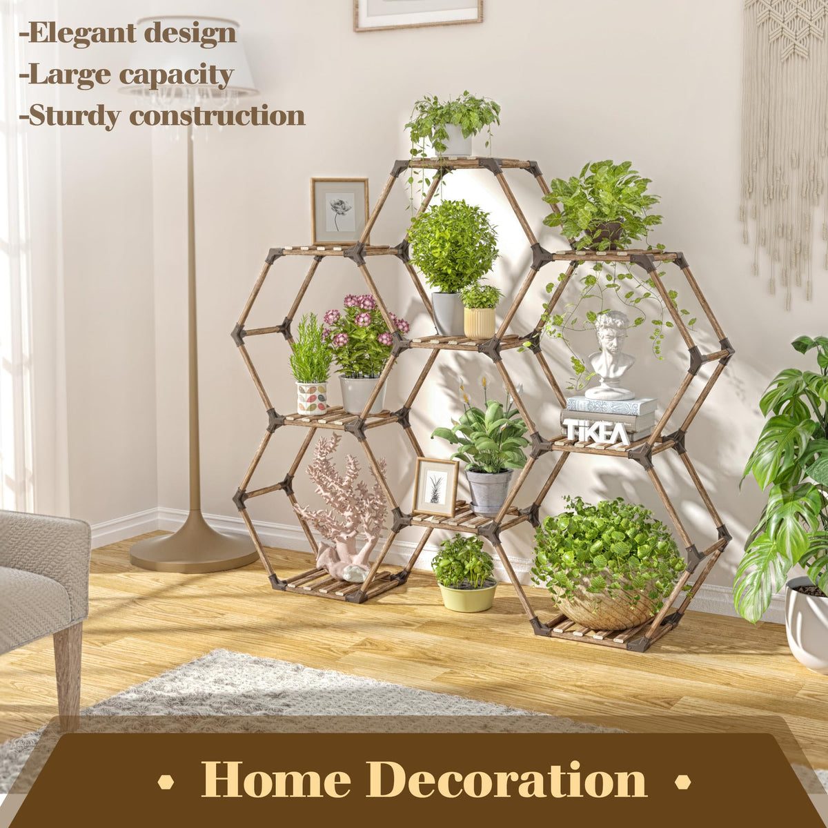 Tikea hexagonal plant stand with nine pots clearly arranged for space optimization