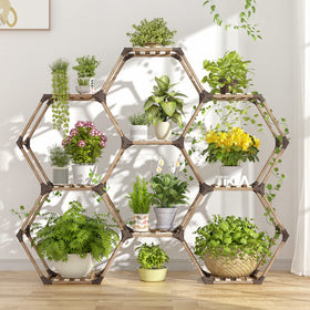 Tikea hexagonal plant stand full view displaying nine pots for organized greenery
