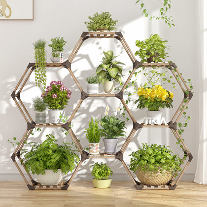 Tikea hexagonal plant stand full view displaying nine pots for organized greenery