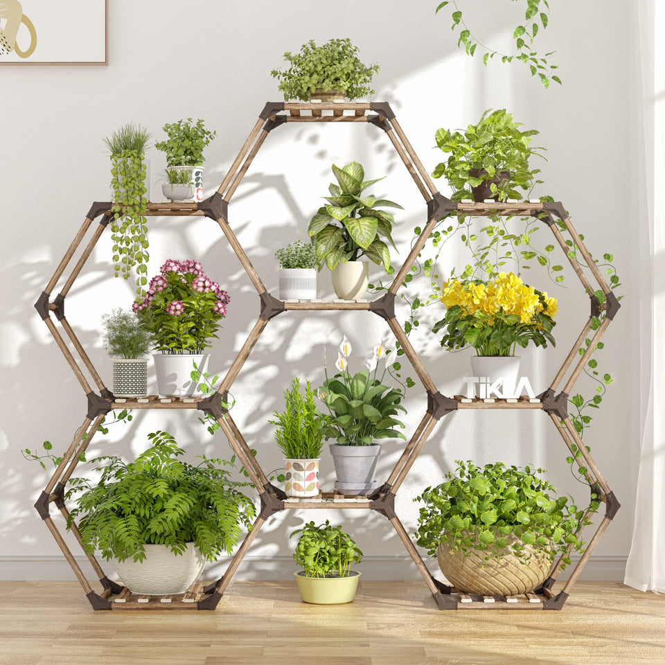 Tikea hexagonal plant stand full view displaying nine pots for organized greenery