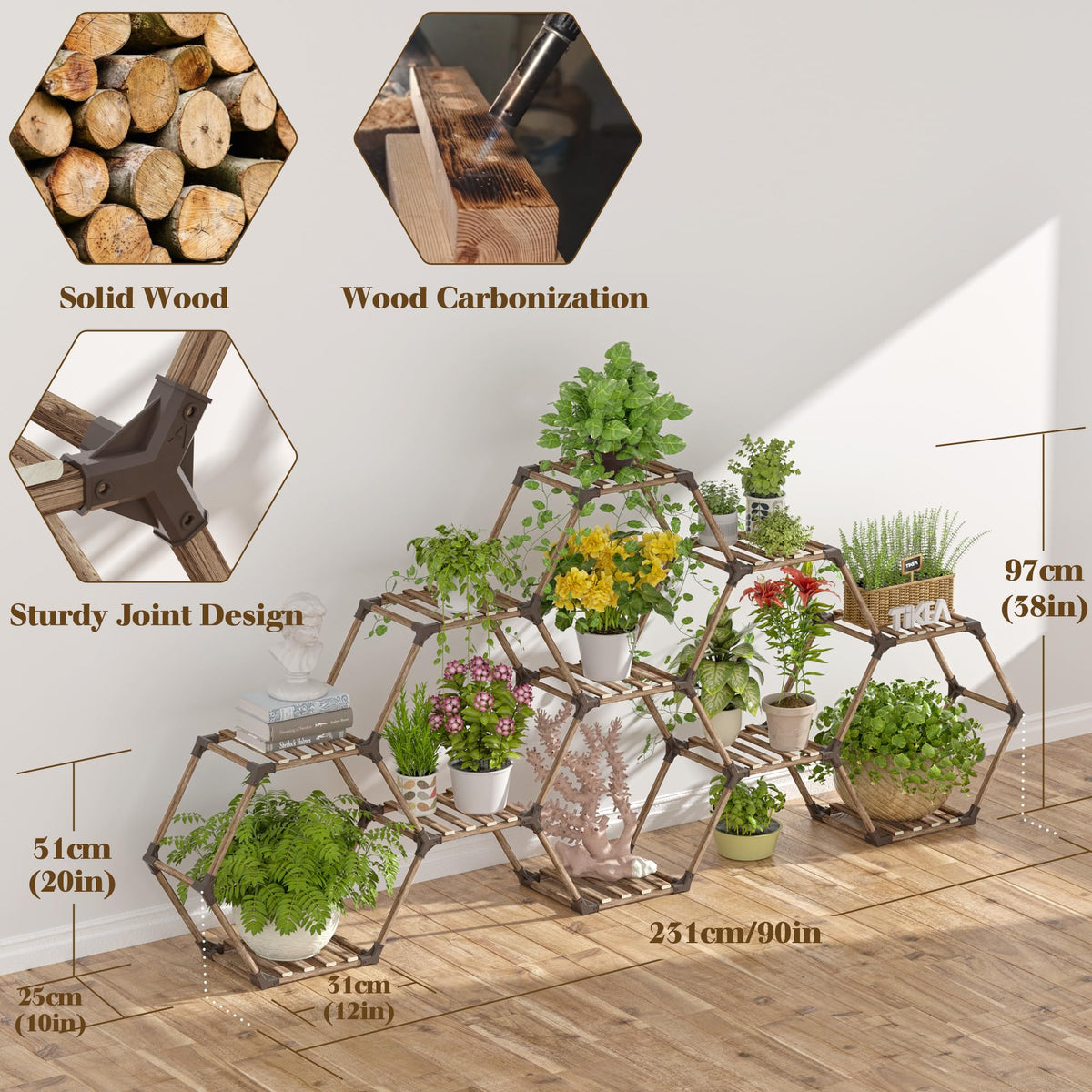 Tikea hexagonal plant stand sturdy design supports heavy pots.