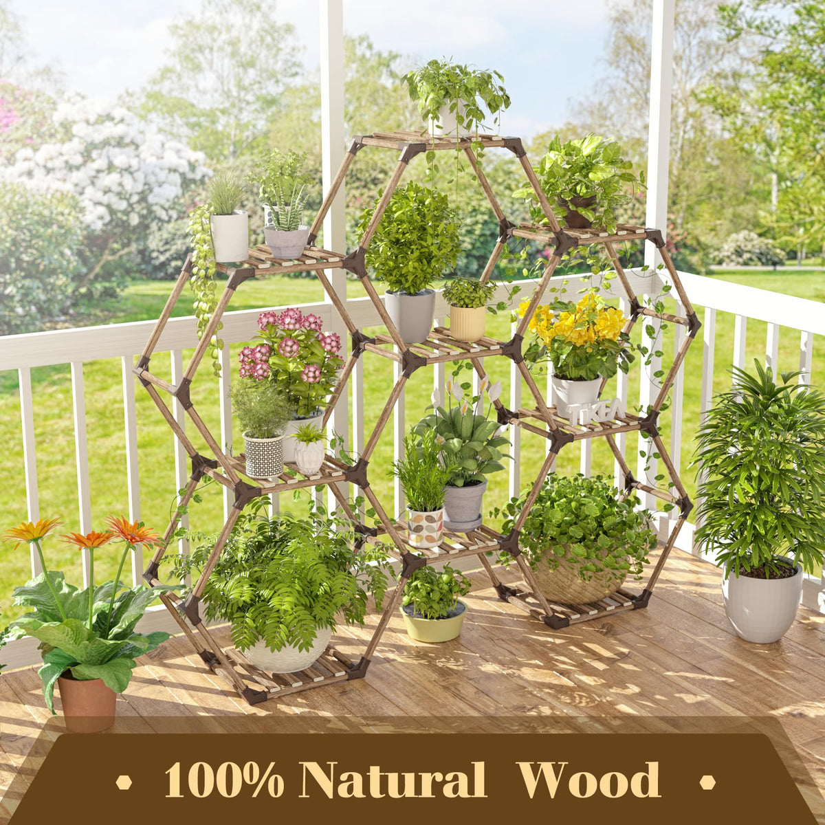 Tikea hexagonal plant stand indoors in a living room setting