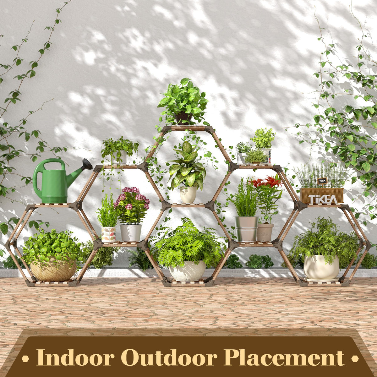 Tikea hexagonal plant stand in living room as a decorative plant display.