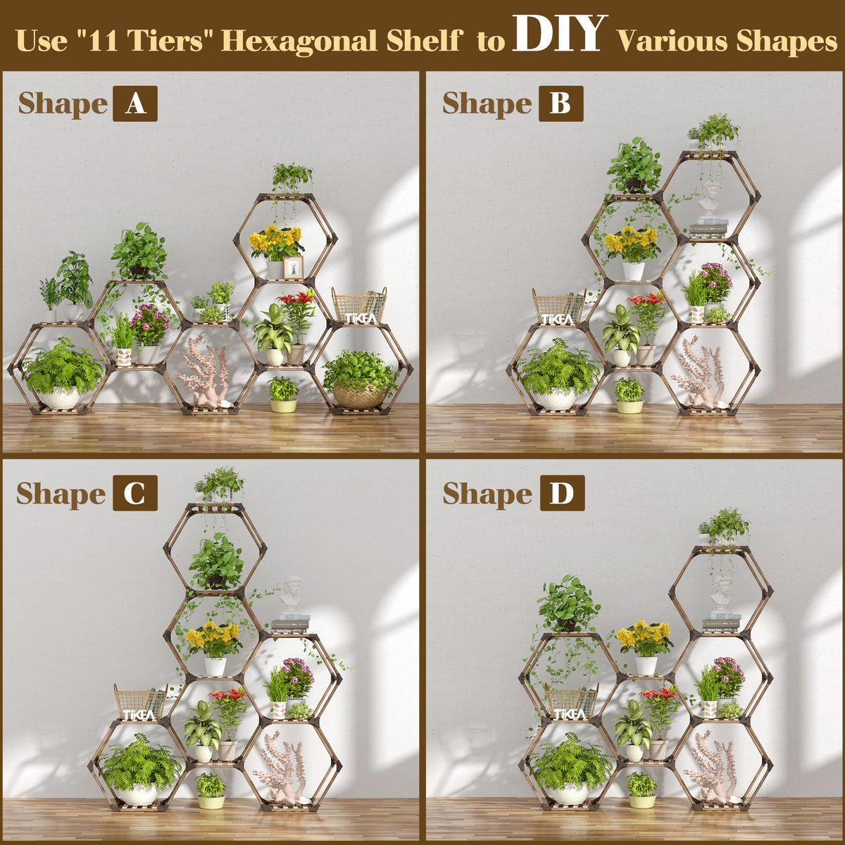 Tikea hexagonal plant stand natural eucalyptus wood finish for interiors.