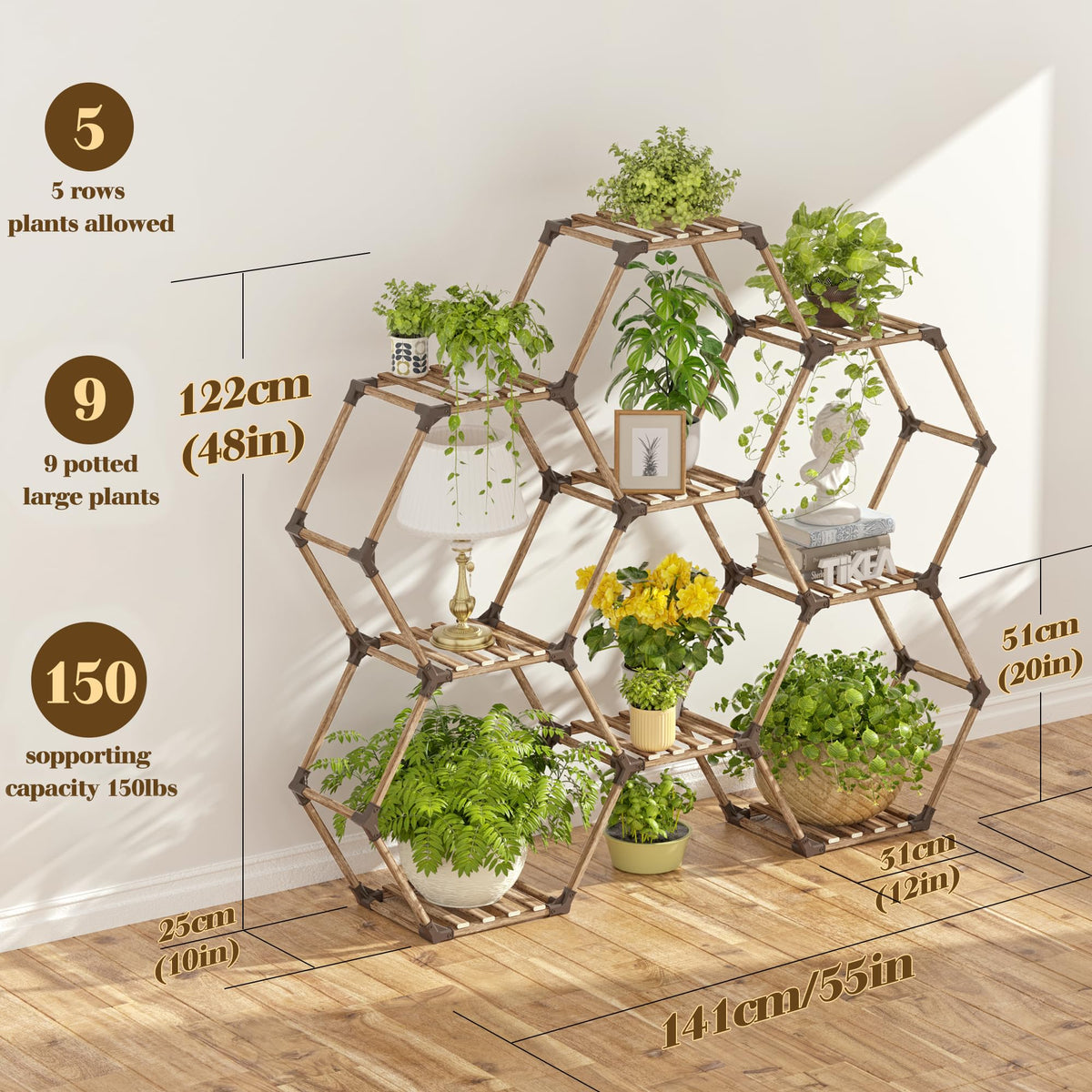 Tikea hexagonal plant stand outdoors on a patio with greenery