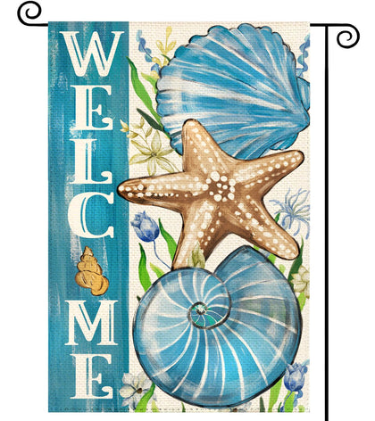 Tikeciti Summer Ocean Welcome Flag with blue shells and starfish for outdoor decor