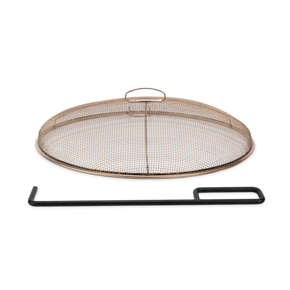TIKI fire pit screen shows 18-inch diameter, keeping sparks contained for safer fires.