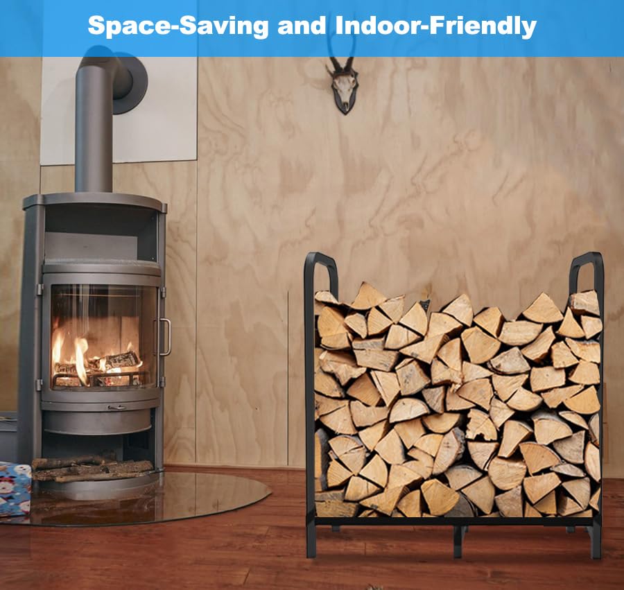 Tikimilor firewood rack front view highlighting rust-resistant finish.
