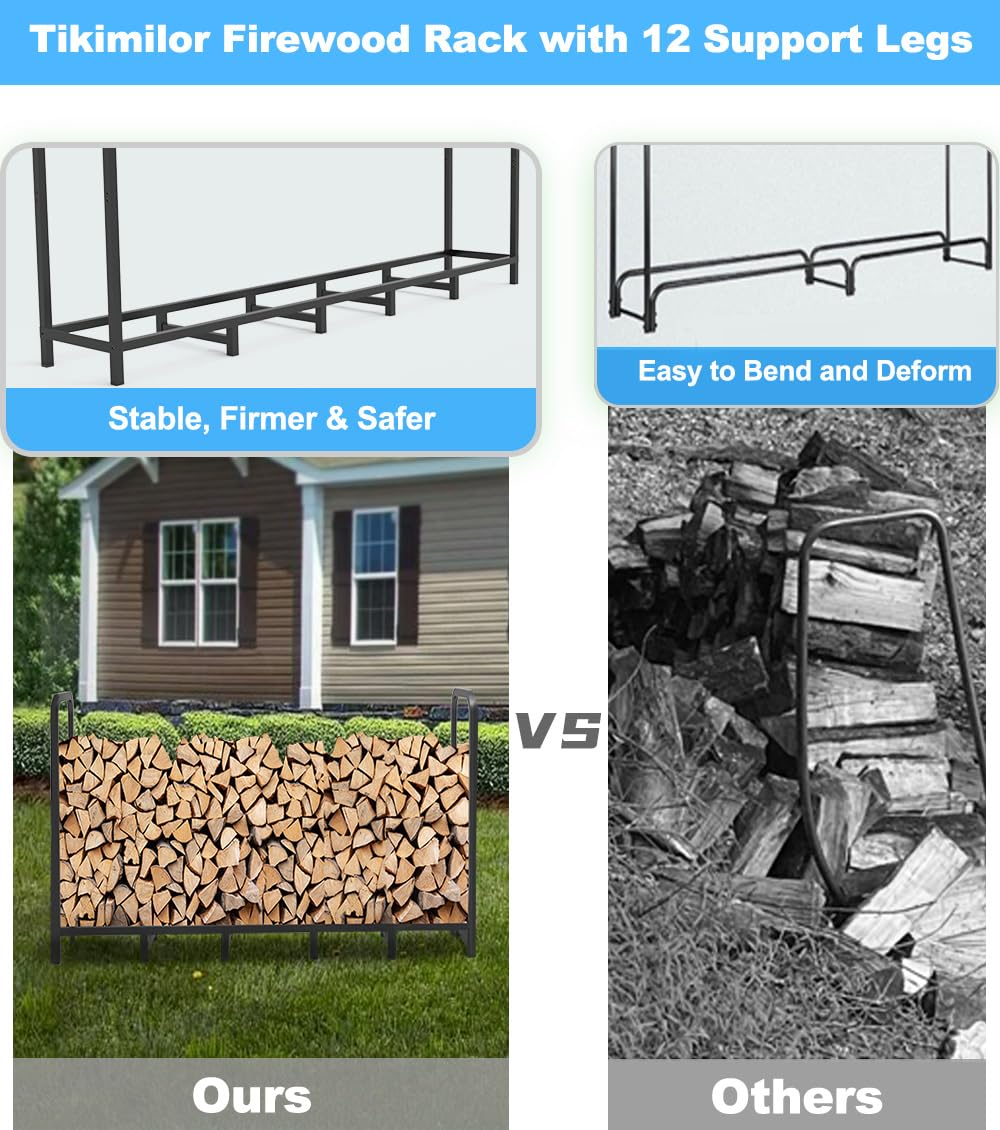 Tikimilor firewood rack suitable for indoor and outdoor use beside a fireplace.