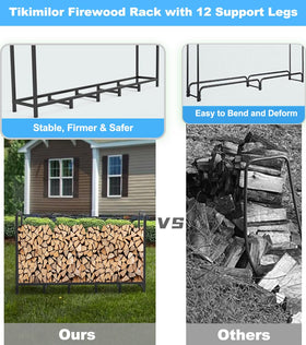 Tikimilor firewood rack suitable for indoor and outdoor use beside a fireplace.