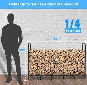 Tikimilor firewood rack on a patio for easy outdoor wood organization.