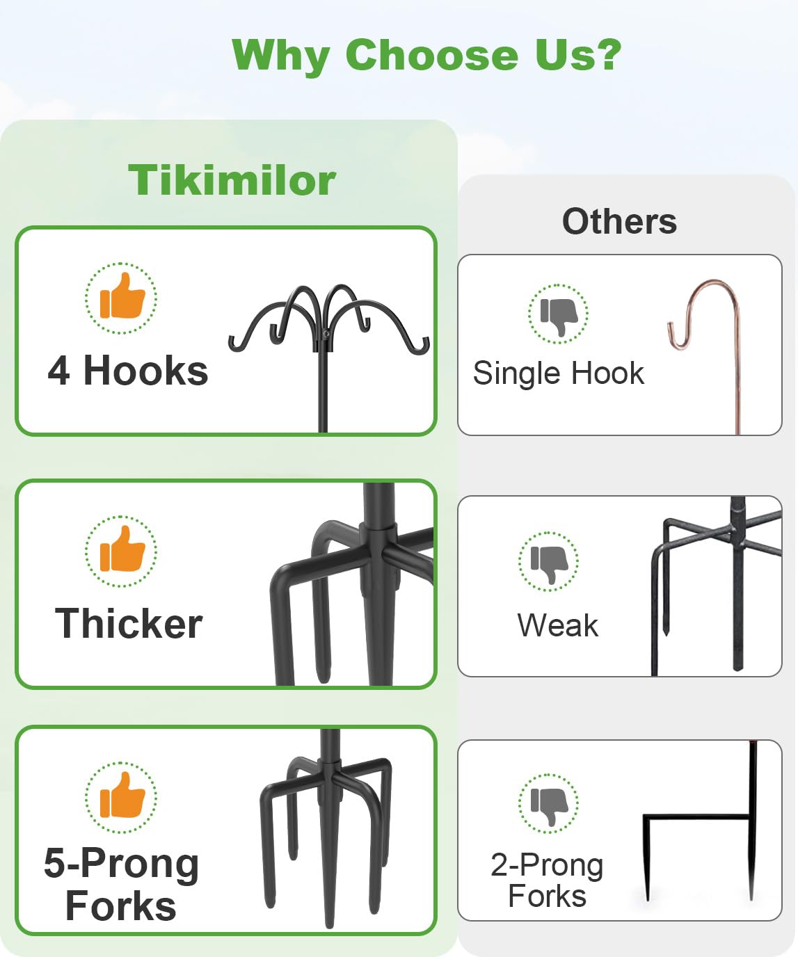 Tikimilor five-prong base provides sturdy ground support for tall hooks