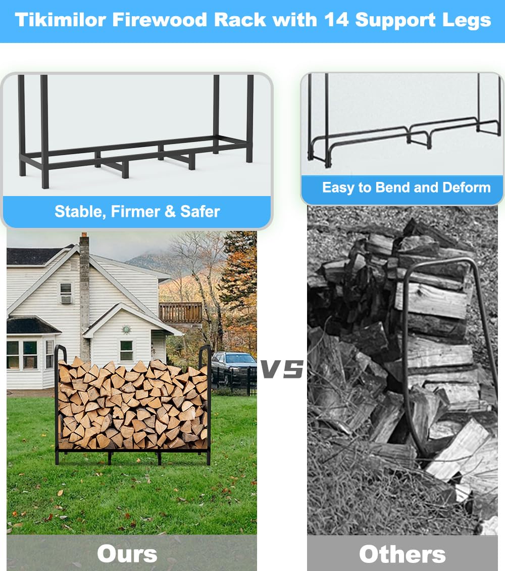 Indoor/outdoor Tikimilor firewood rack fits beside fireplaces or in sheds