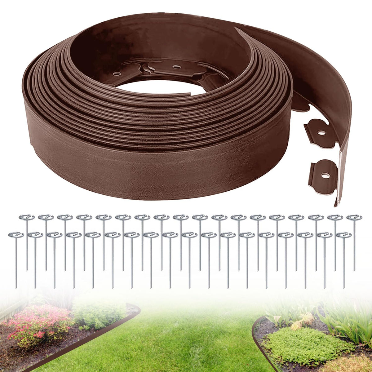 Tikitup landscape edging kit in brown laid along a garden border for neat edges.