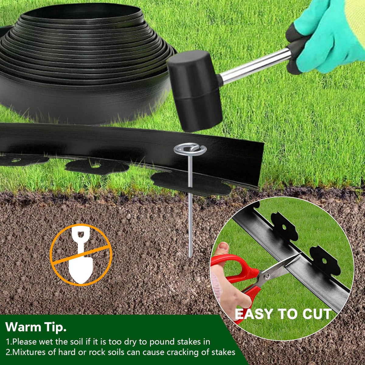 Tikitup edging defines yard and path borders to prevent mulch spillage.