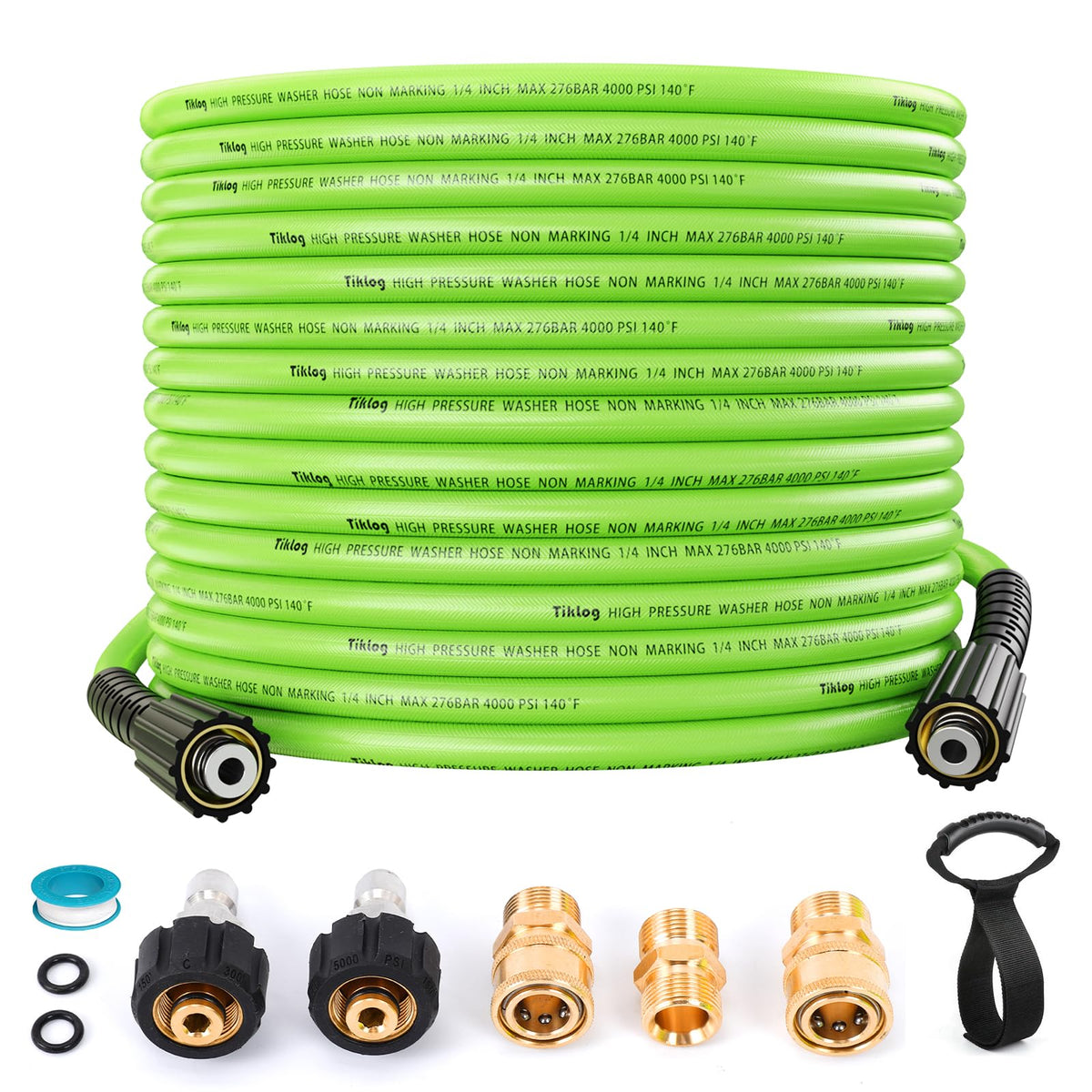 TikLog pressure washer hose 50ft ready for tough outdoor cleaning with kink-resistant design.
