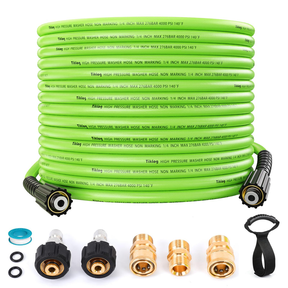 TikLog pressure washer hose 50ft ready for tough outdoor cleaning with kink-resistant design.