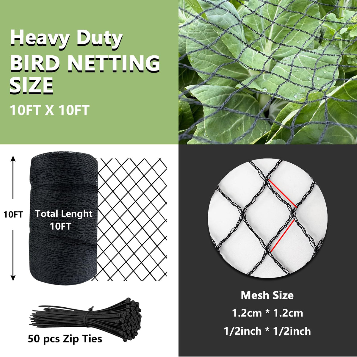 Tilvex bird netting one-half-inch-mesh guarding vegetables while allowing air