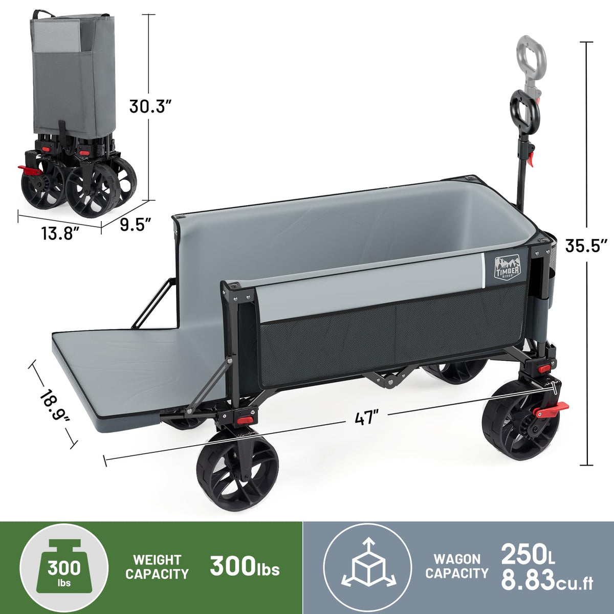 Timber Ridge adjustable handle adapts to different heights for comfortable pulling.