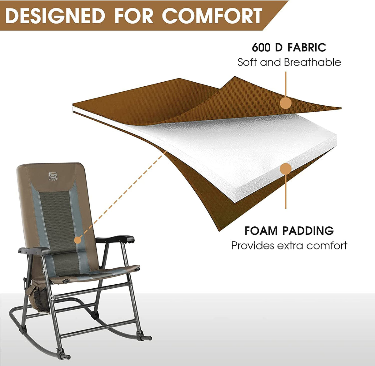 Timber Ridge cushioned rocking chairs featuring built-in side organizer on porch