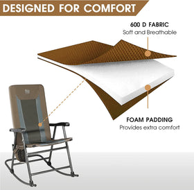 Timber Ridge cushioned rocking chairs featuring built-in side organizer on porch