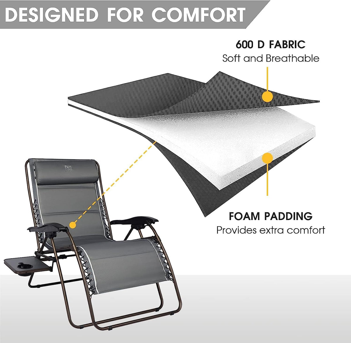 Timber Ridge full-length zero gravity chair in gray designed for extended outdoor lounging.