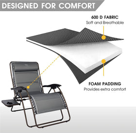 Timber Ridge full-length zero gravity chair in gray designed for extended outdoor lounging.