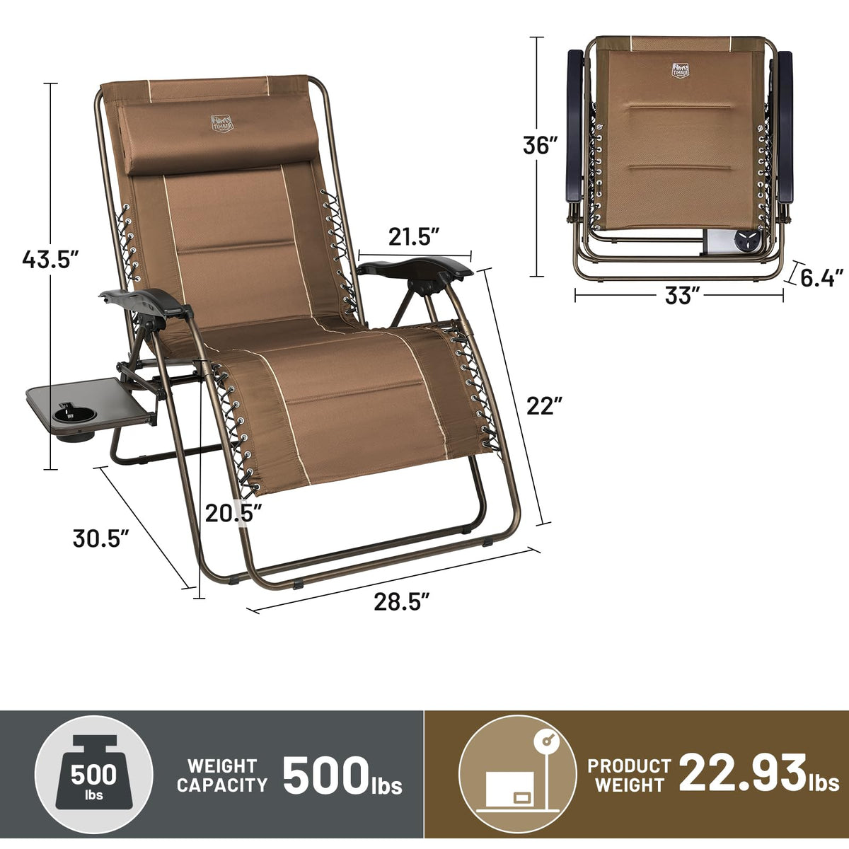 TIMBER RIDGE Oversized Zero Gravity Chair side-table close-up showing convenient cup holder