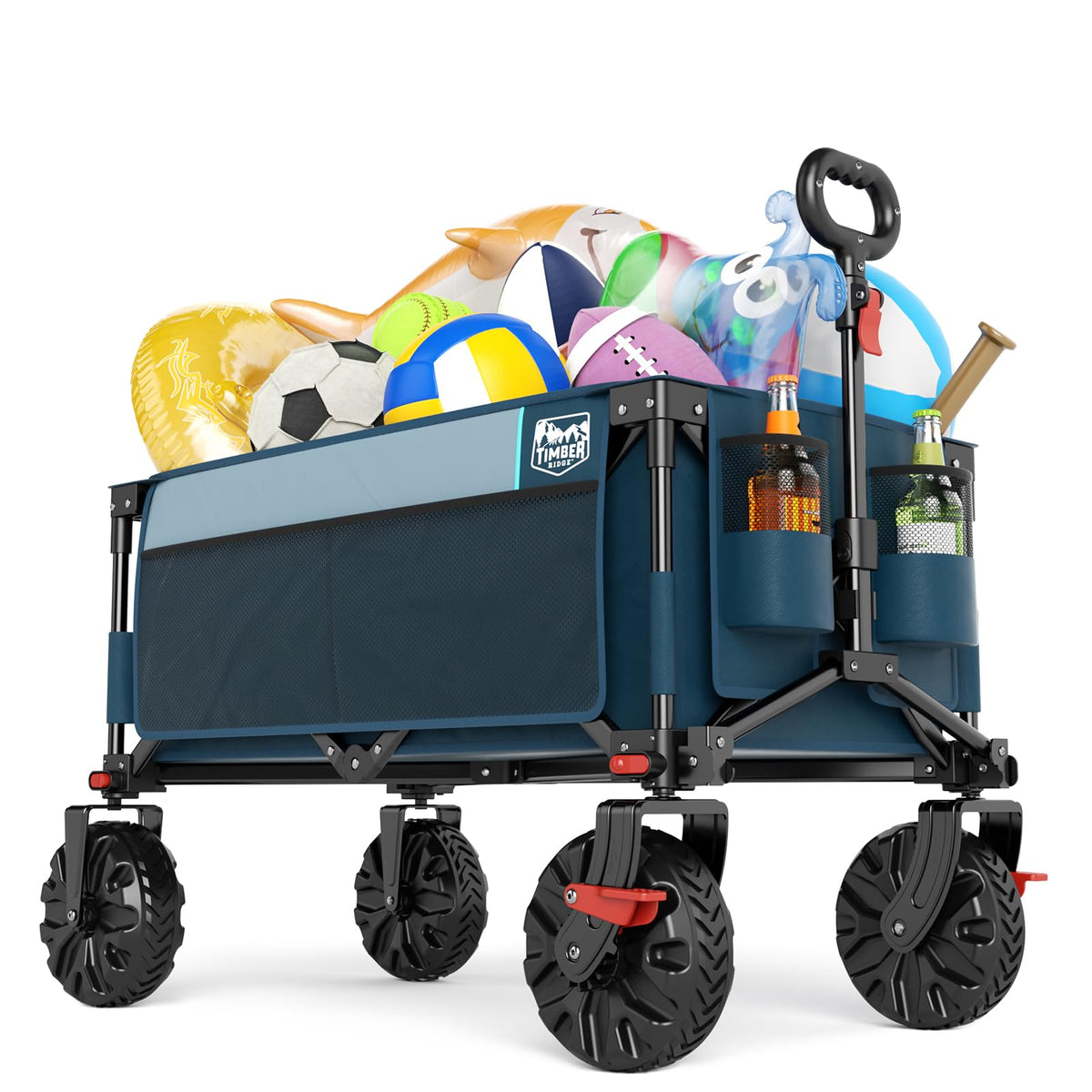Timber Ridge collapsible wagon assembled on ground, showing sturdy steel frame for heavy loads.