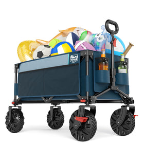 Timber Ridge collapsible wagon assembled on ground, showing sturdy steel frame for heavy loads.