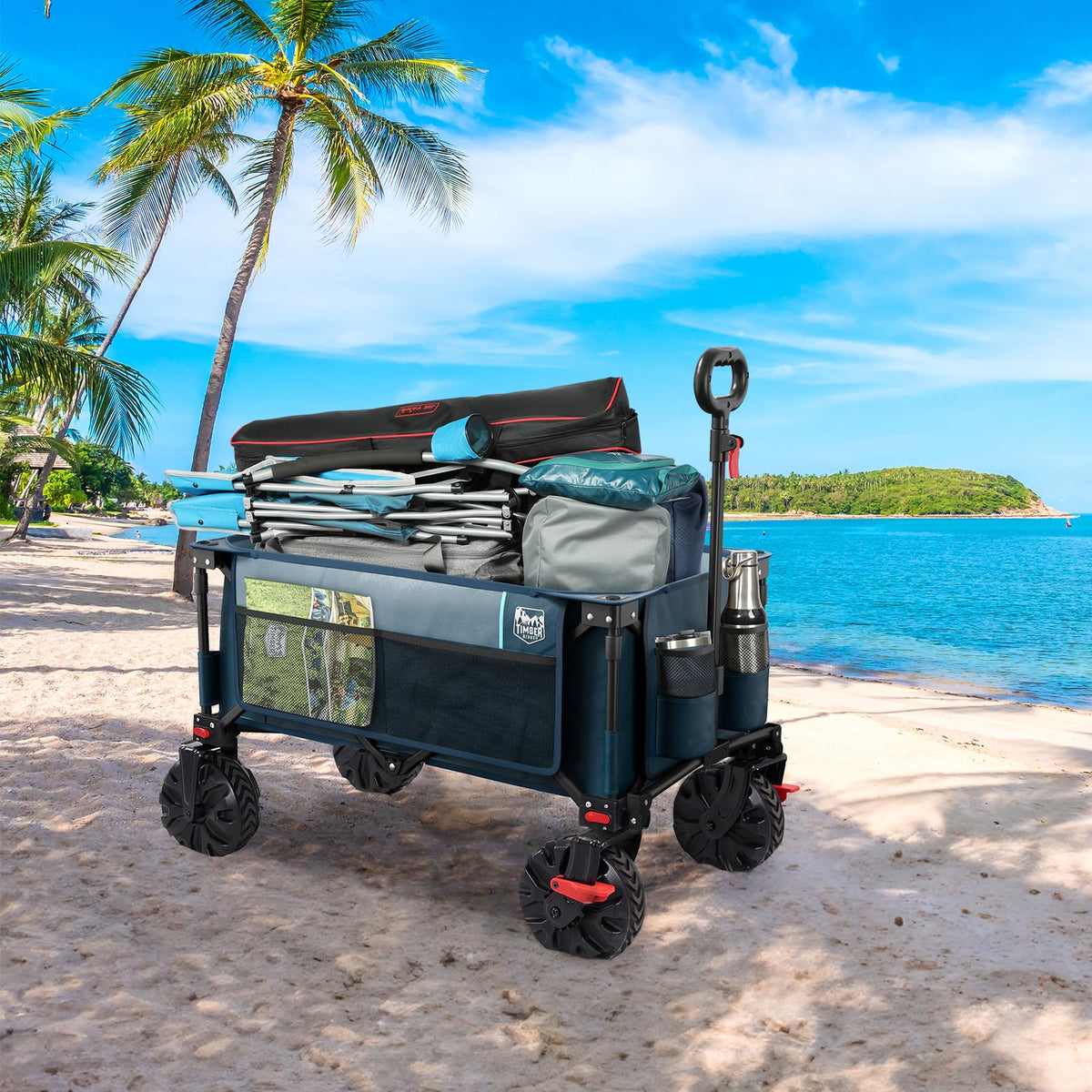 Timber Ridge wagon with side pocket and cup holders for quick hydration on the go.