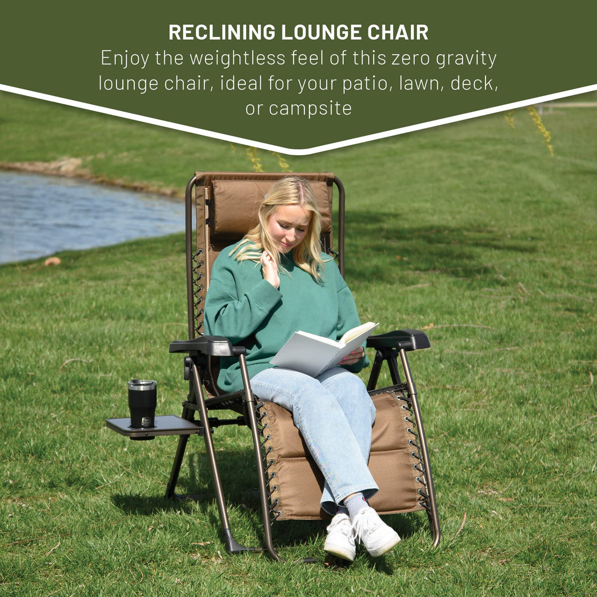 TIMBER RIDGE zero gravity chair with cup holder keeps drinks within reach.