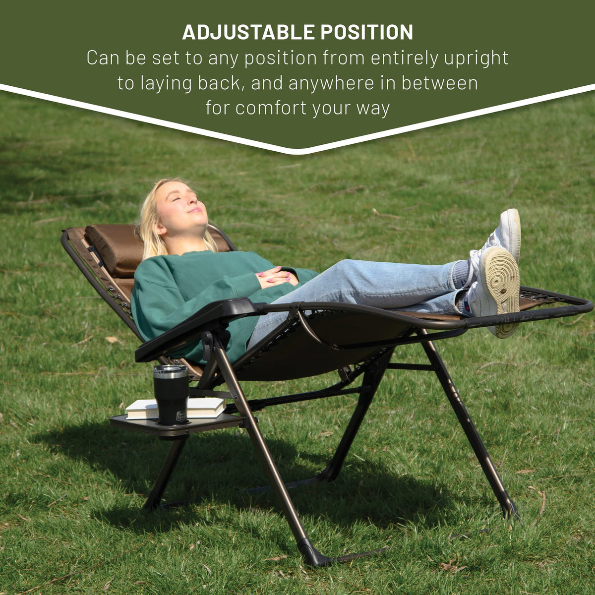 TIMBER RIDGE zero gravity chair headrest supports neck and lumbar comfort.