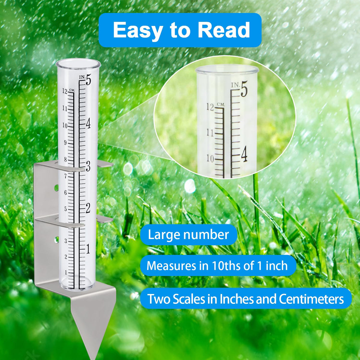 Timenued rain gauge clear dual scale reading in inches and centimeters